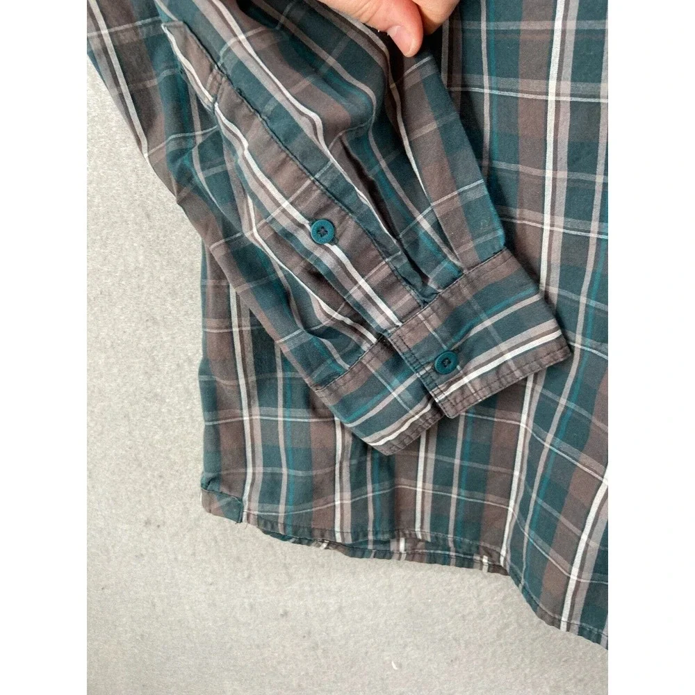 North Face Shirt Mens Sz L Green Gray‎ Plaid Button Up Cotton Collared Pockets